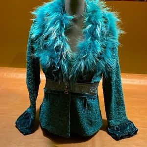 NEW With Tags women’s poly blend dress jacket with , velvet, feather trimming.